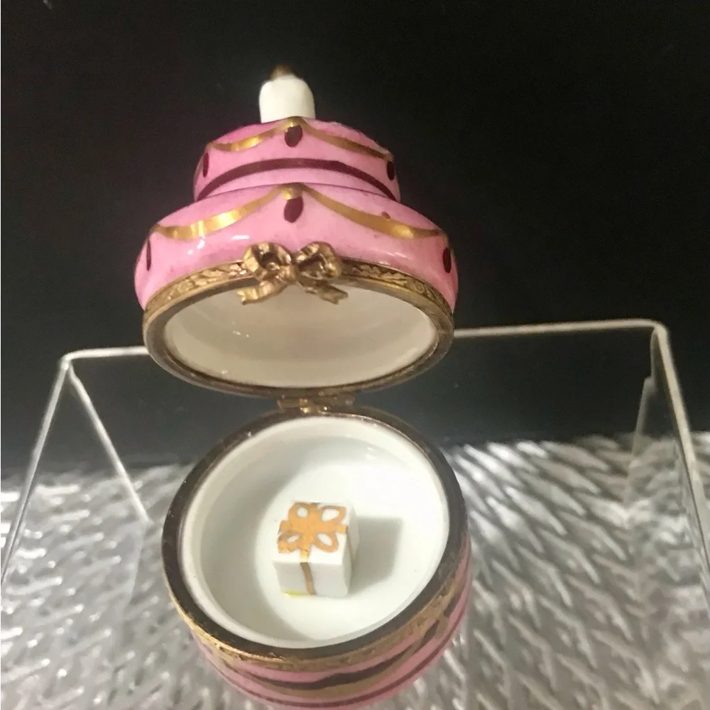 Limited Edition, Limoges Pink and Gold Happy Birthday Cake with Candle